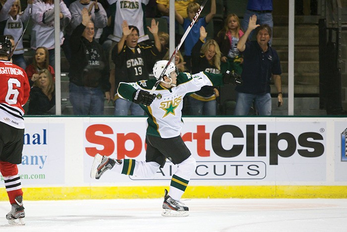 Curtis McKenzie celebrates his first AHL goal against the Rockford IceDogs on Oct. 6.